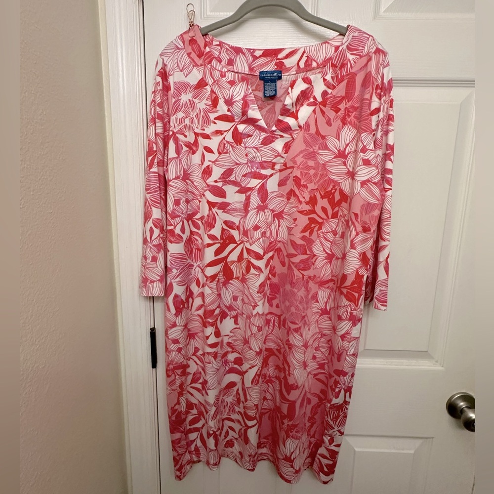 Caribbean Joe swim UPF tropical red & white midi dress v-neck size Large